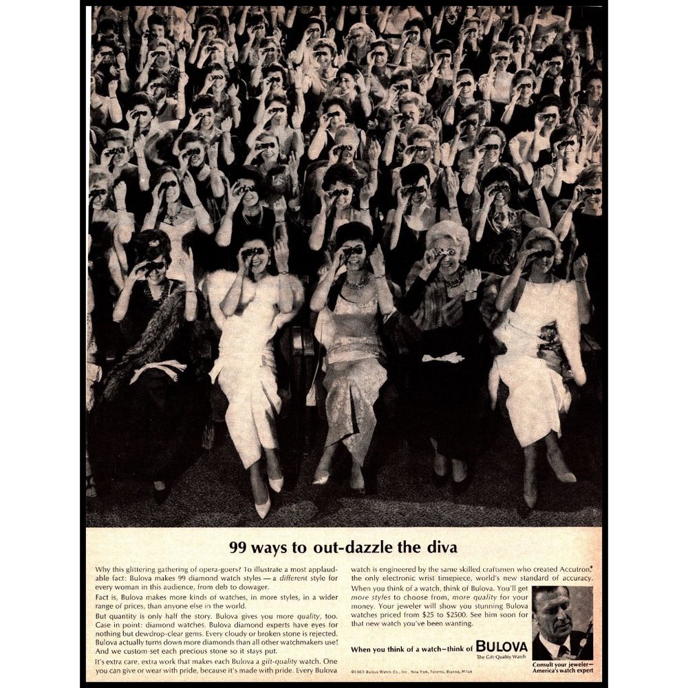 1963 Bulova Women's Watch Vintage Print Ad Opera House Glasses Gowns Wall Art